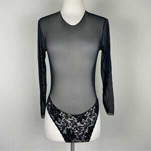Guy Laroche Black Sheer Lace Vintage Long Sleeve Bodysuit Small